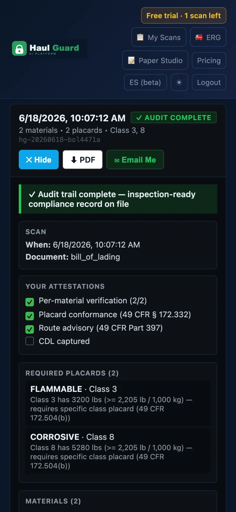 The HaulGuard driver app on a phone: My Scans view showing a completed hazmat scan marked audit complete, from a sample fleet