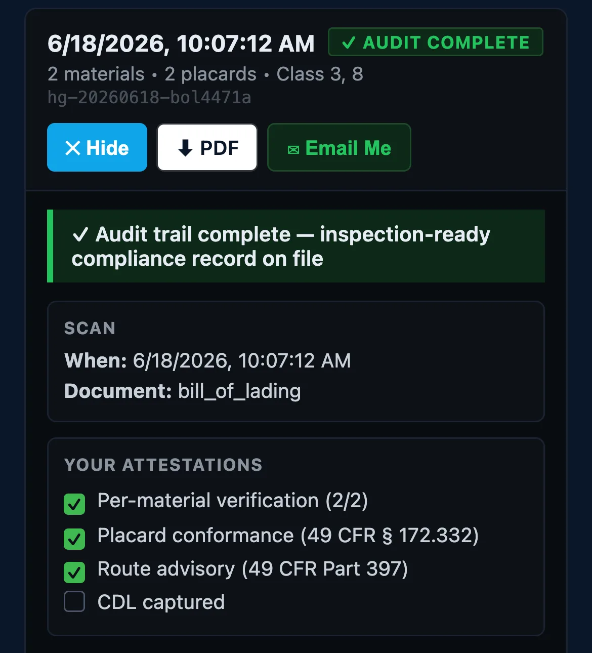 Driver app close-up: a scan marked AUDIT COMPLETE with per-material verification, placard conformance citing 49 CFR 172.332, and a signed acknowledgment that route selection under 49 CFR Part 397 stays with the carrier, all checked